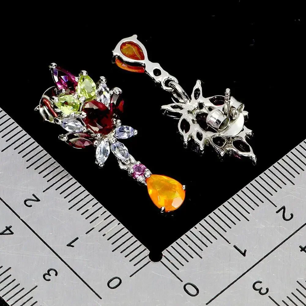 925 Sterling Silver Earrings Pear Orange Fire Opal Peridot Tanzanite Gem Jewelry
